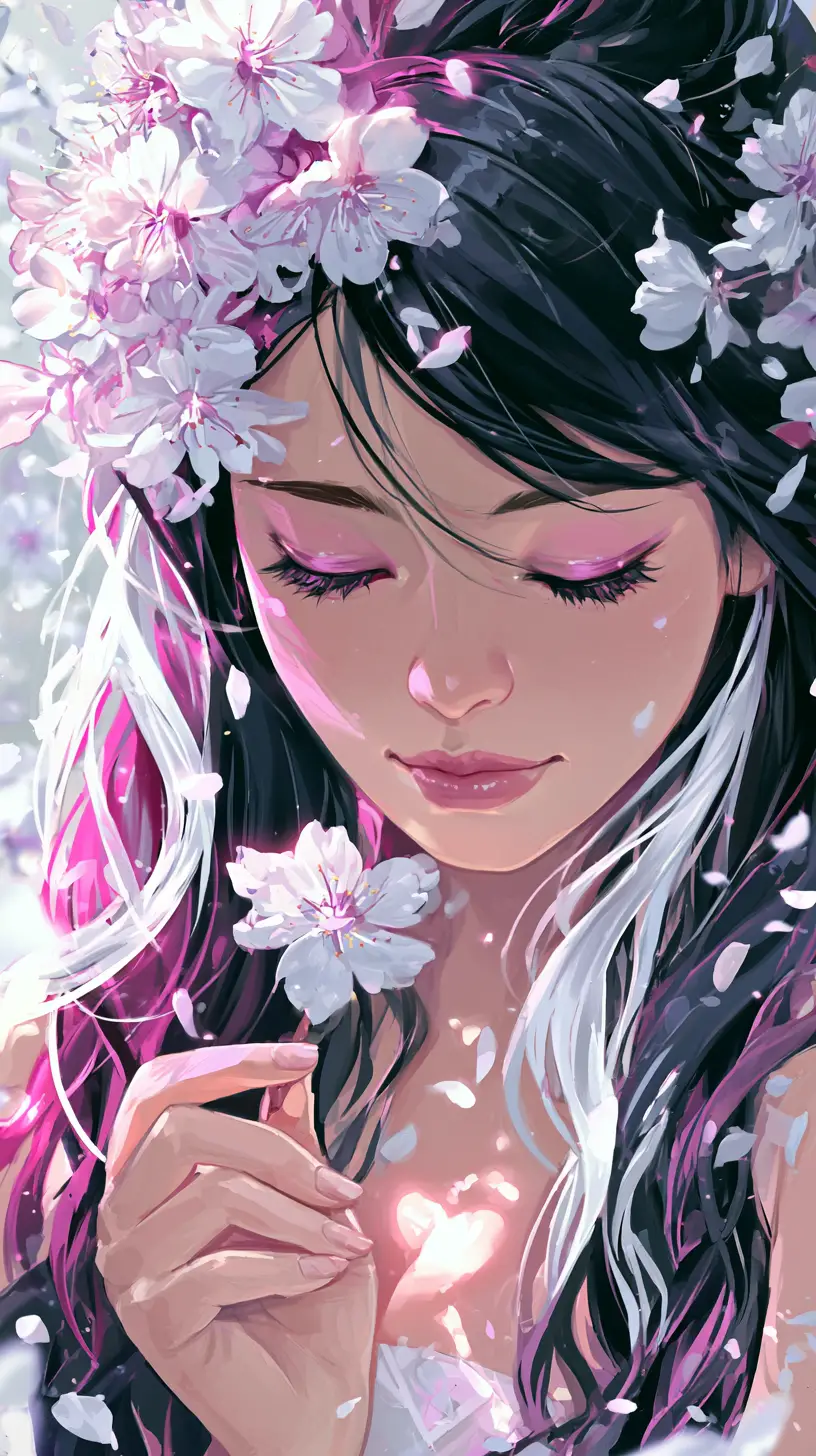 夢幻花園中櫻花環繞的動漫女子