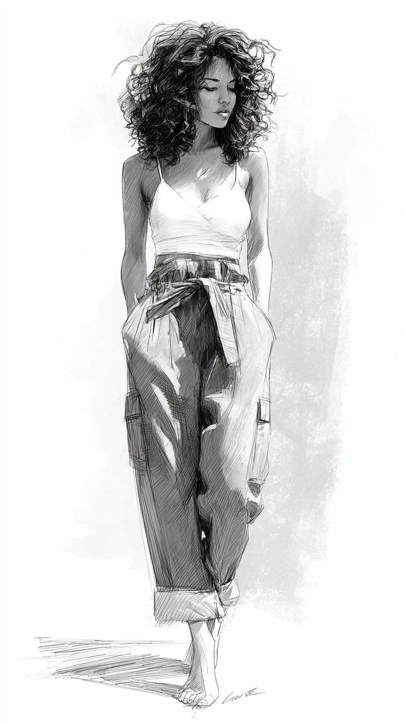 Fashion sketch of a curly haired woman in denim overalls