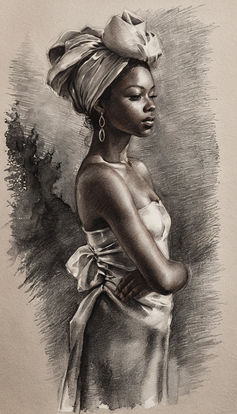 Charcoal bust portrait of a young woman in headscarf