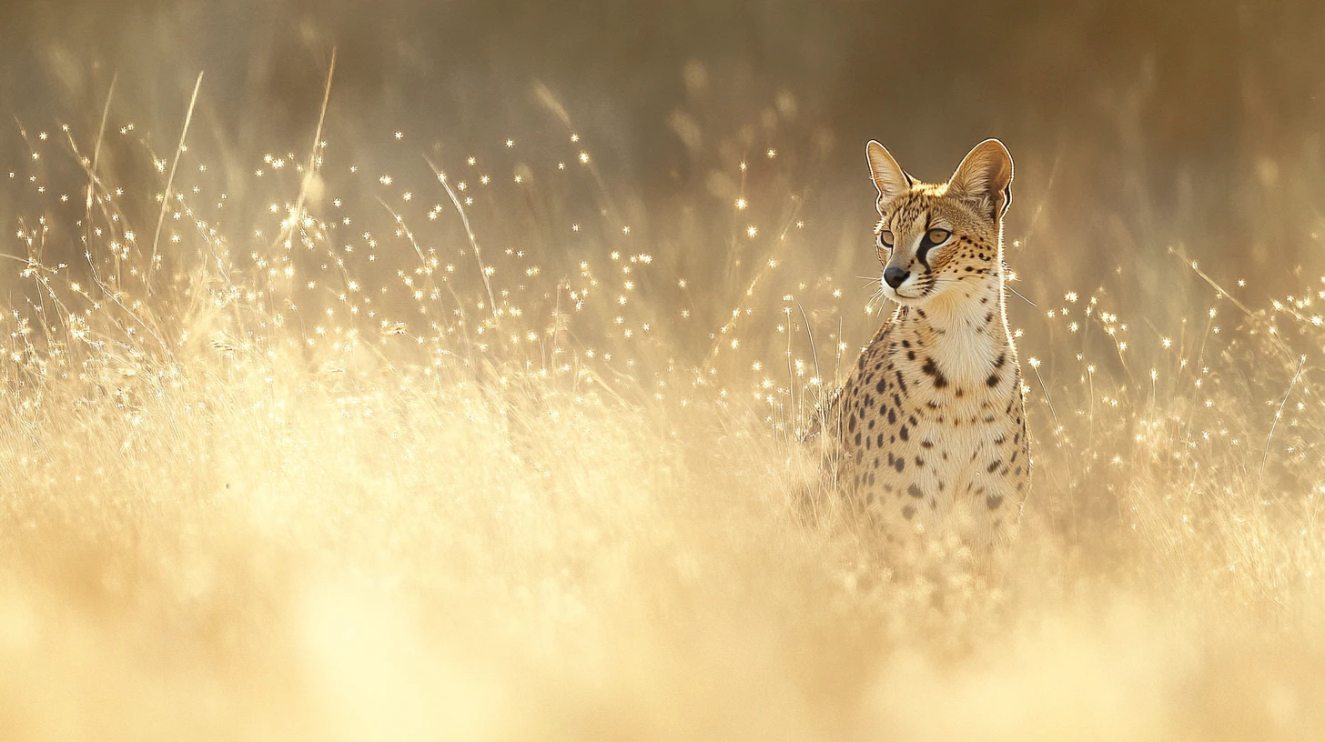 Serval em pé na grama alta com trilhas luminosas surreais