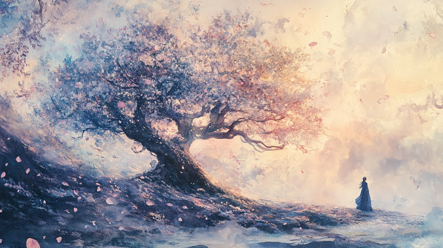 Ätherischer Elf vor einem leuchtenden Aquarellbaum