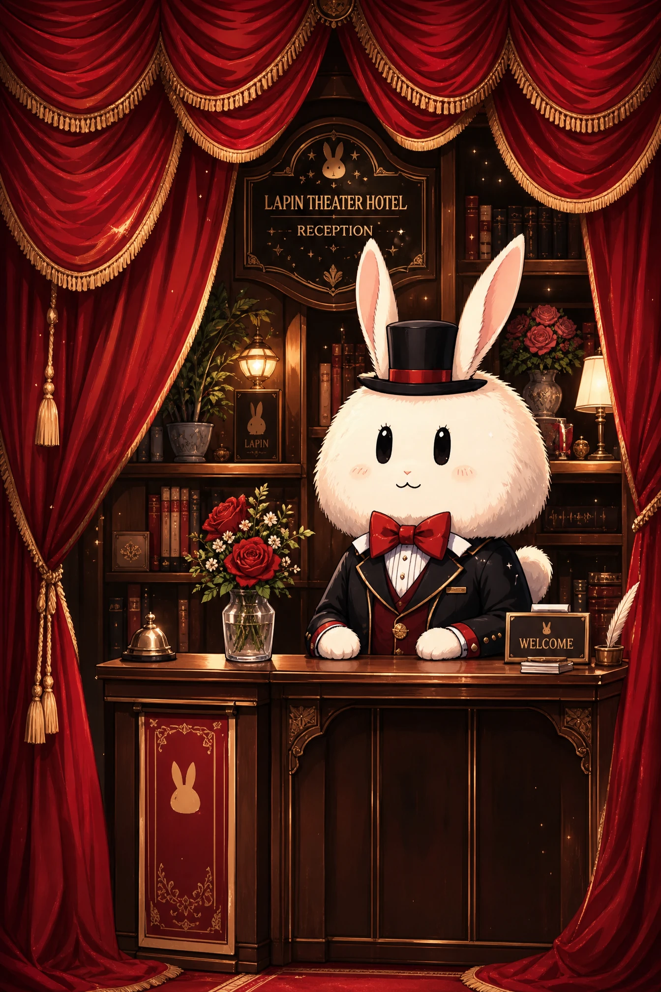 Cute rabbit receptionist in a cozy vintage theater lobby