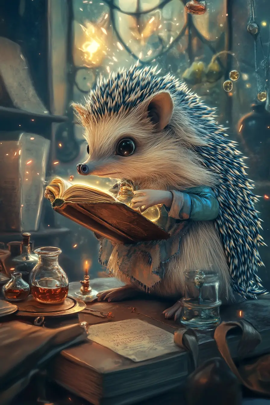 Niedlicher Igel-Alchemist in einer dramatischen Fantasy-Illustration