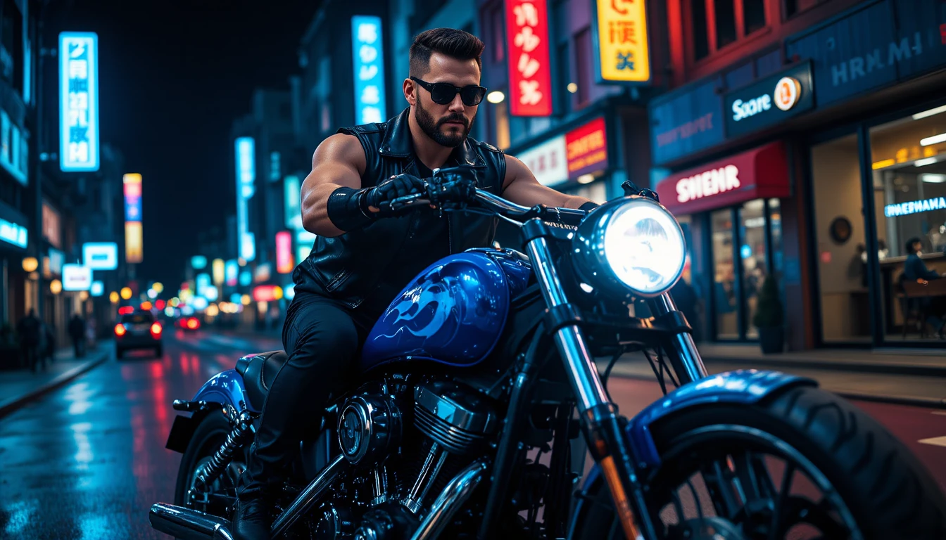 Motociclista em moto azul sob as luzes neon da cidade à noite
