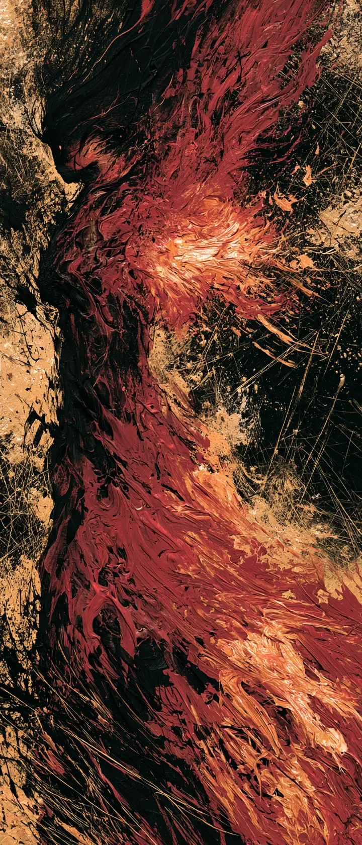 Phönix, der aus dunkler Schale in abstraktem Impasto-Feuer emporsteigt
