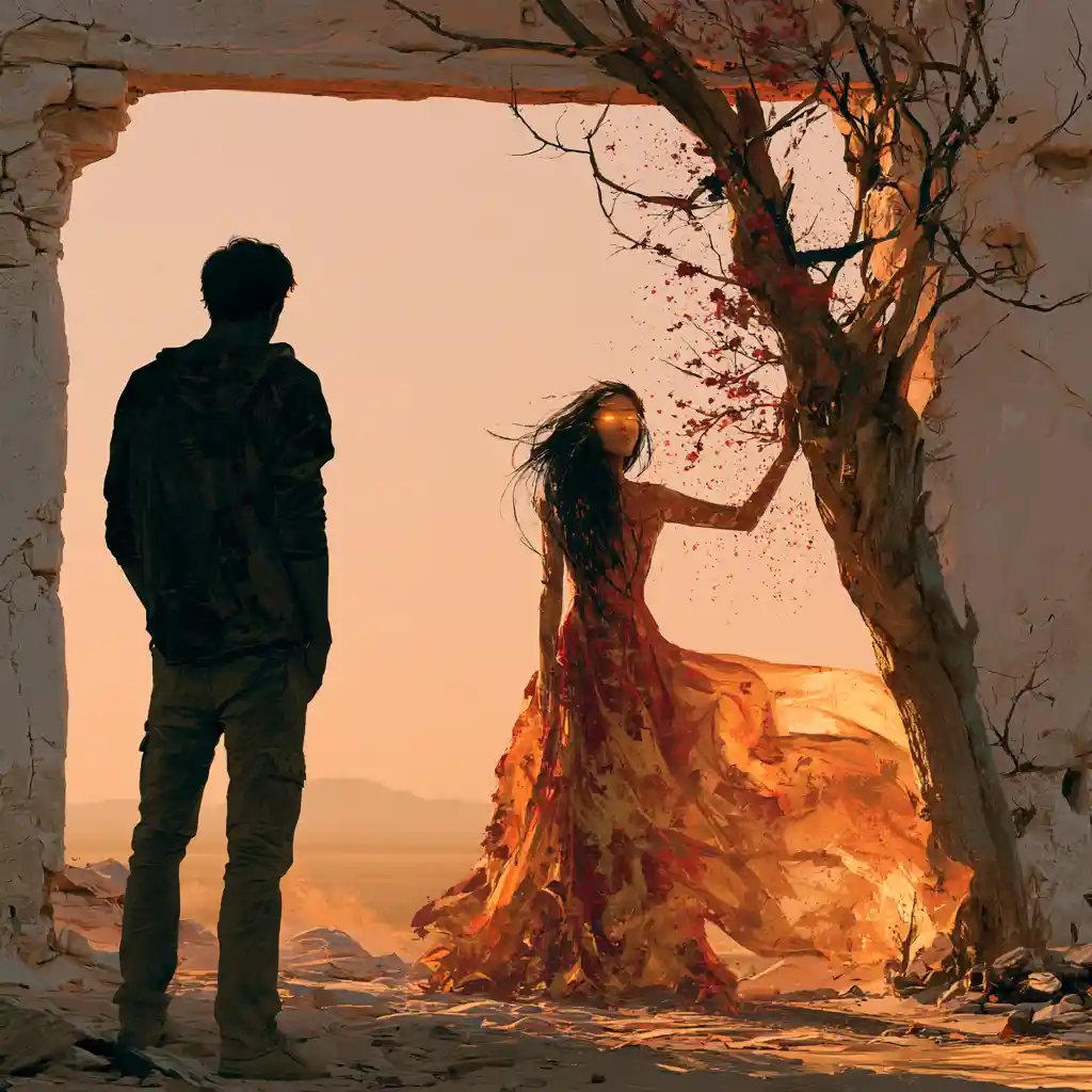 Man watching an ethereal woman bloom flowers in the desert