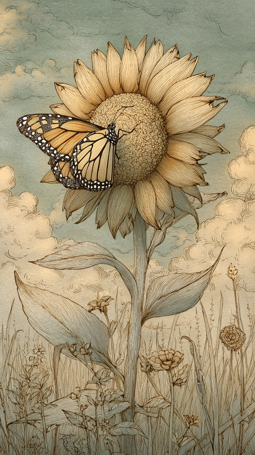 Illustrazione vintage di girasole con farfalla monarca in fiore