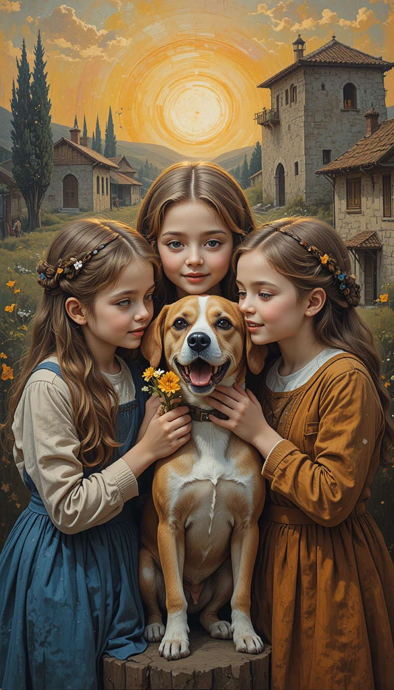 犬と一緒の喜びあふれる子どもたちの表現的な抽象画