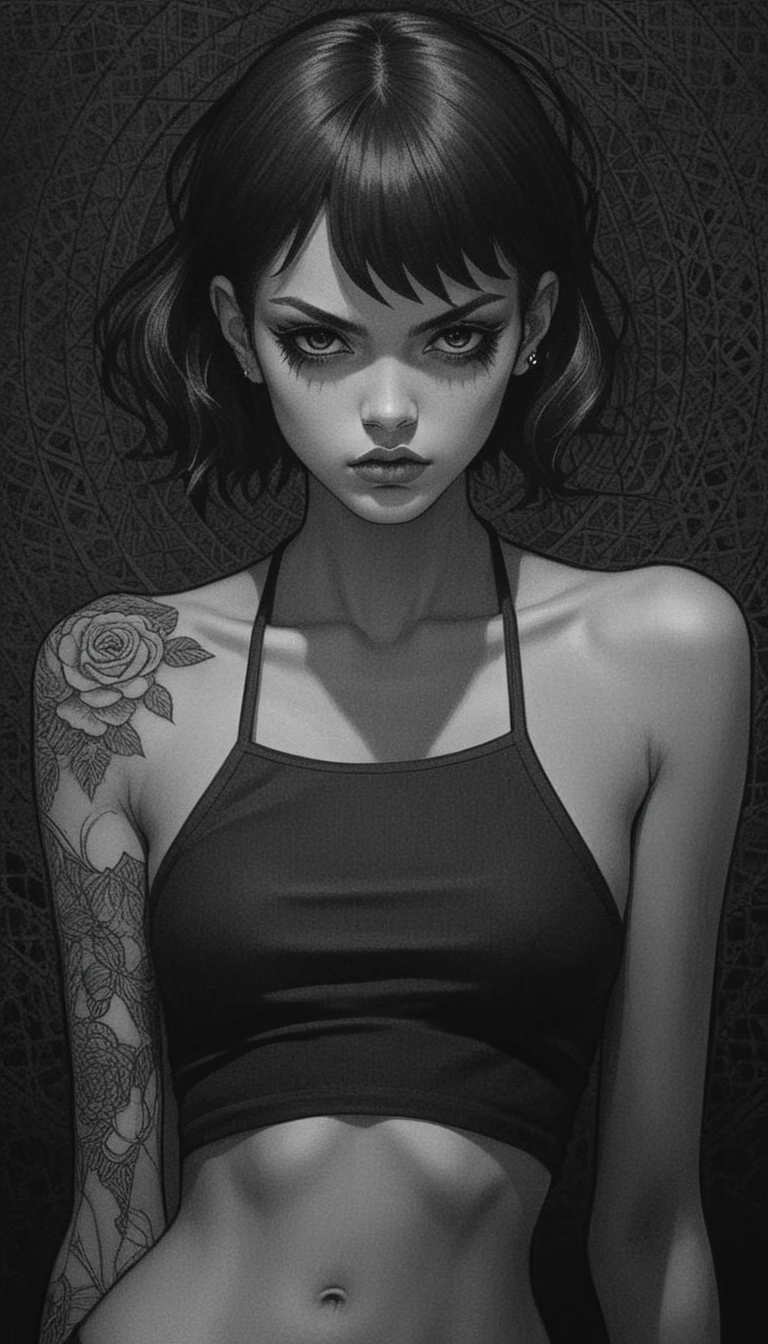 Mulher gótica tatuada em retrato dramático em estilo mangá