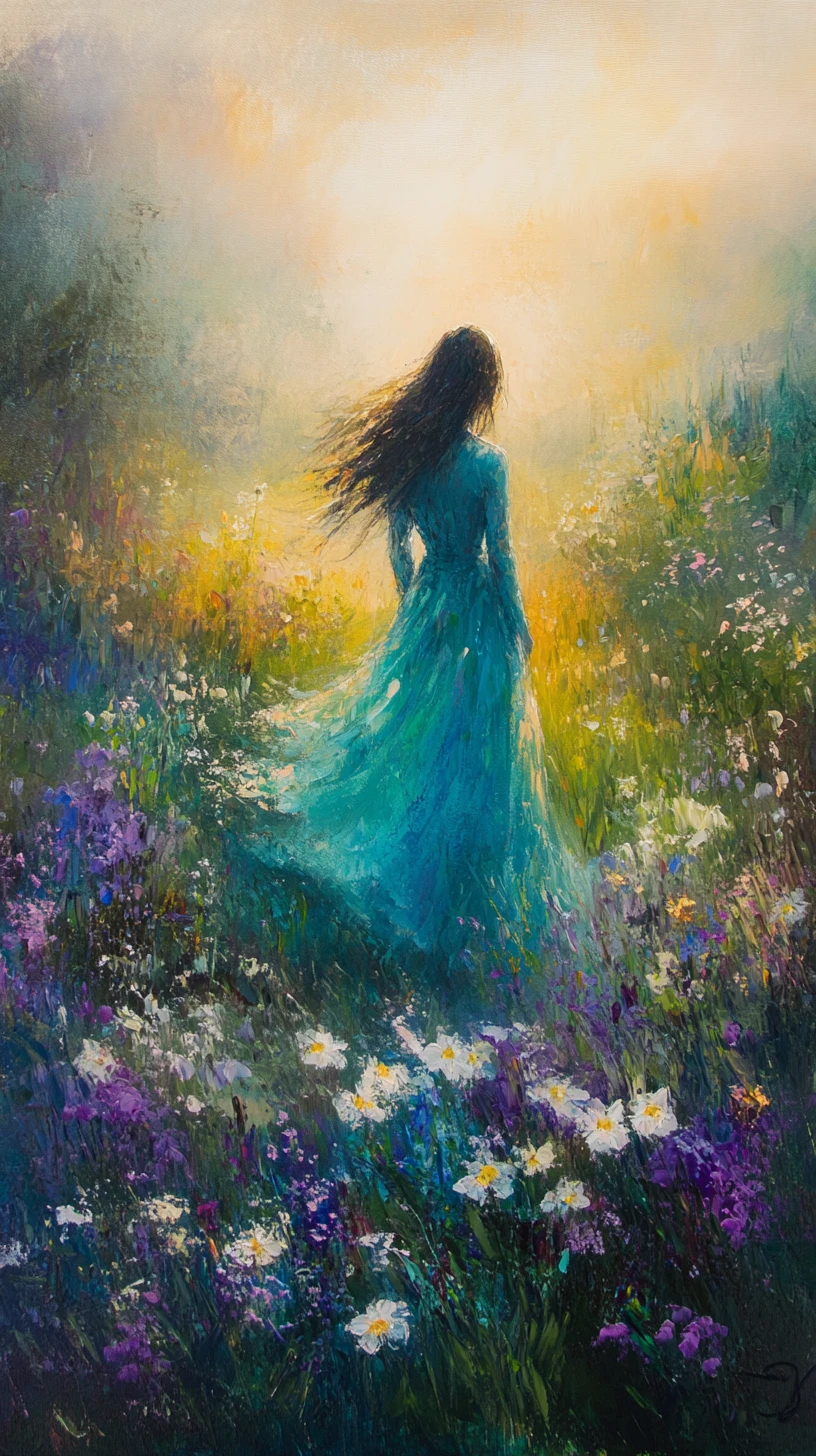 Mujer con vestido turquesa en jardín de flores de ensueño