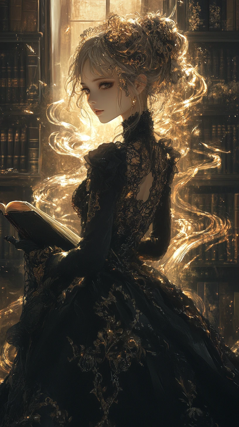 Garota surreal em traje escuro em meio a biblioteca repleta de tinta luminosa