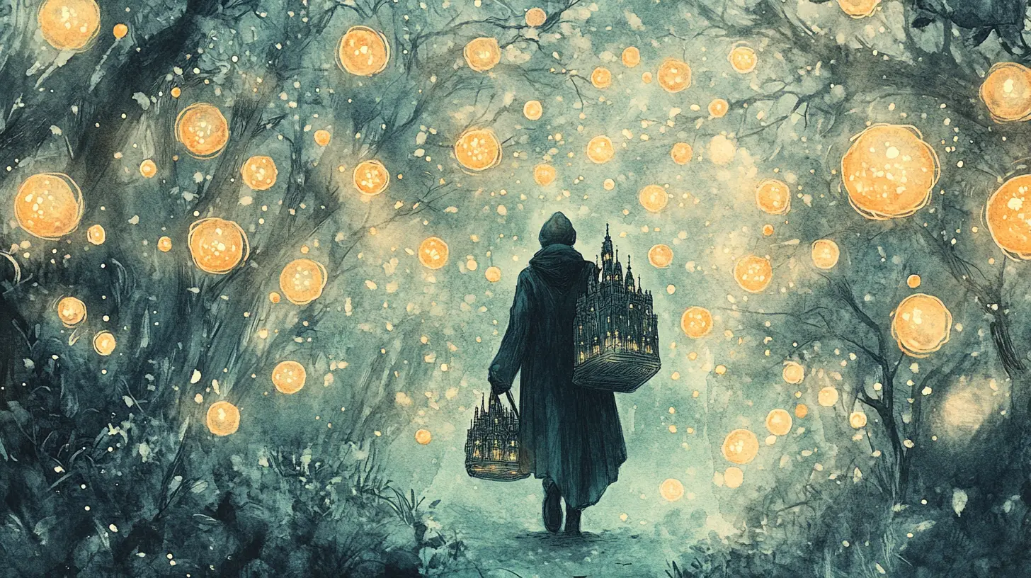 Figure mystique dispersant des graines lumineuses remplies de mondes