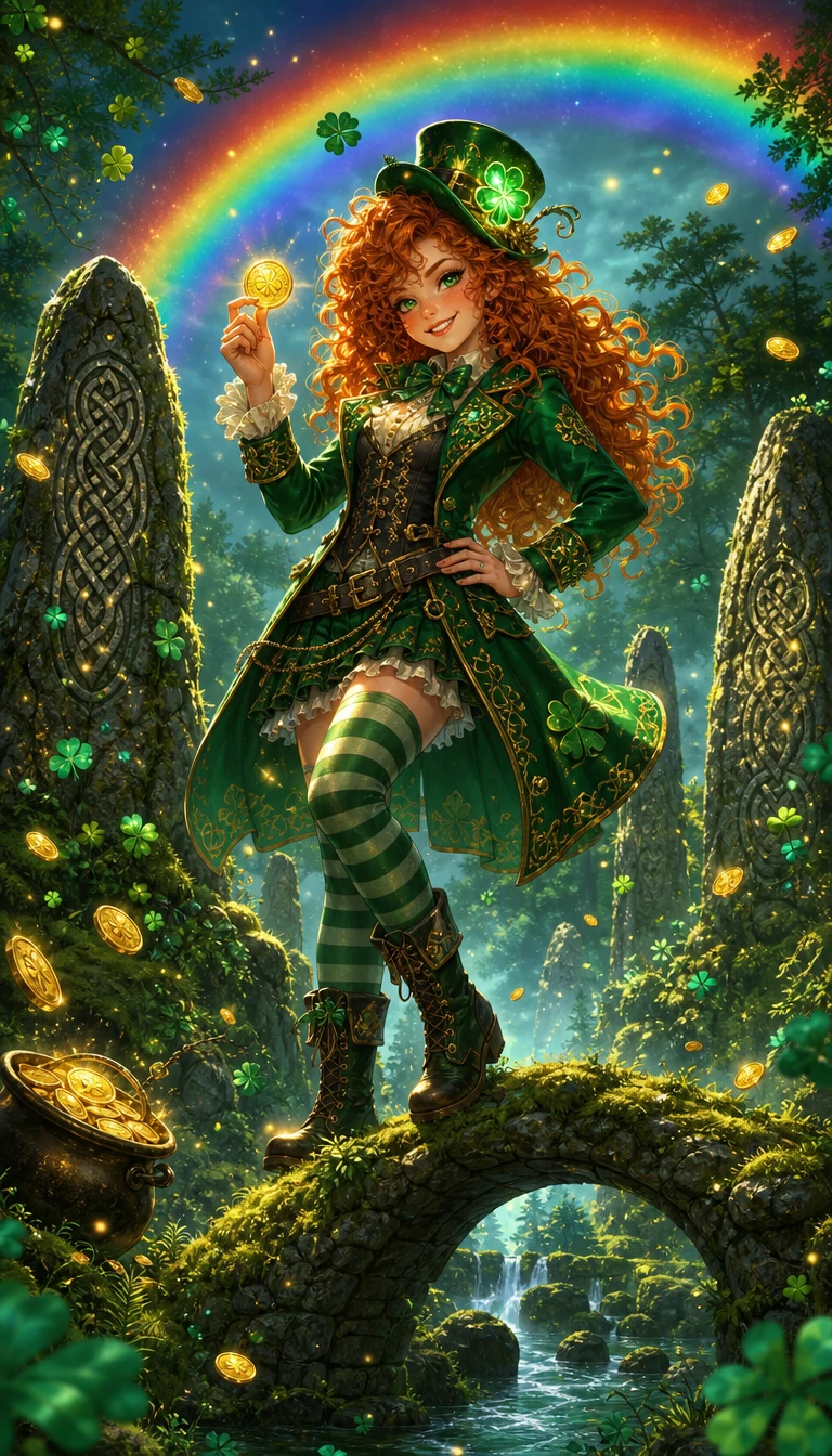 Ragazza leprechaun in stile anime su arco di pietra muschioso nella foresta