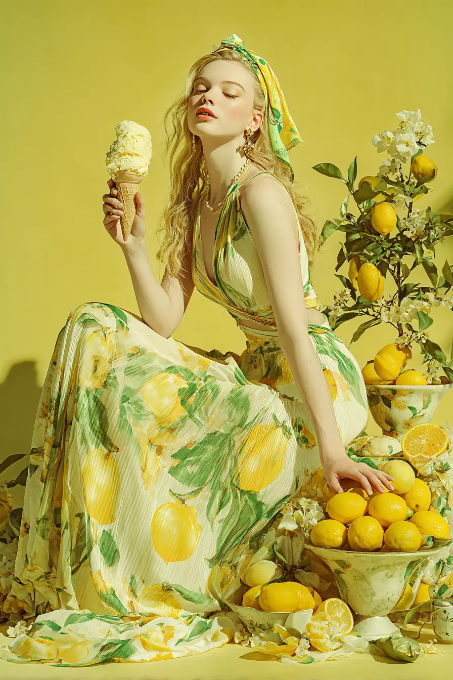 Fille en robe citron profitant de la brise d’été avec un gelato