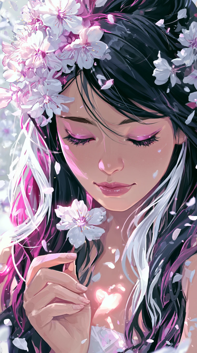 Mulher de anime com flores de cerejeira em jardim dos sonhos
