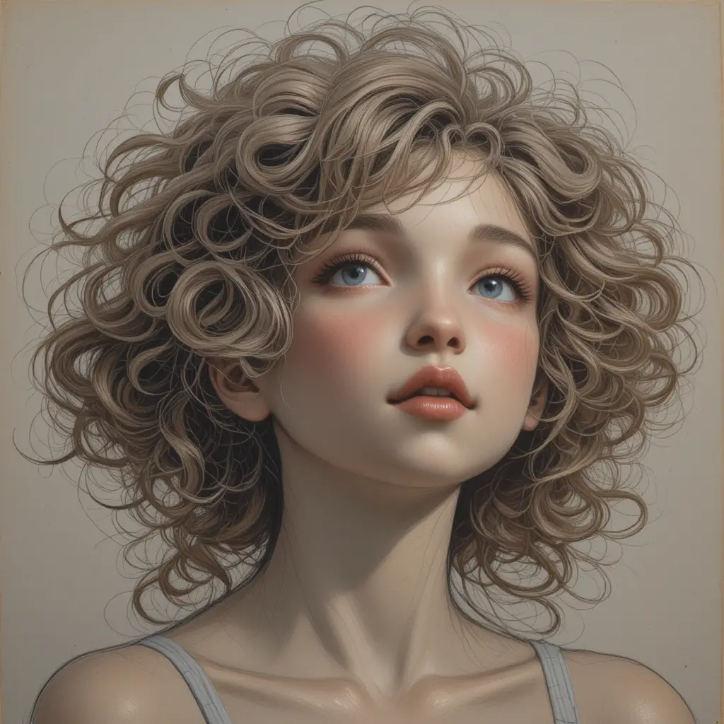 捲髮清純女孩的粉彩素描肖像