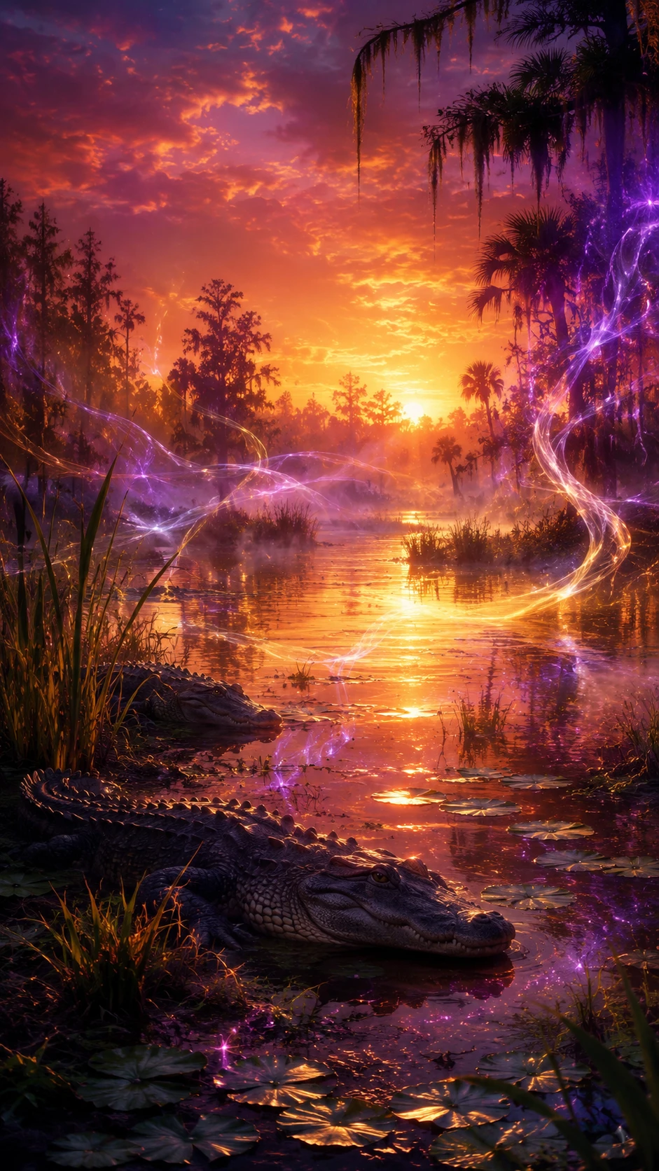 Mystischer Sumpf bei Sonnenuntergang mit ruhenden Alligatoren und geheimnisvollem Leuchten