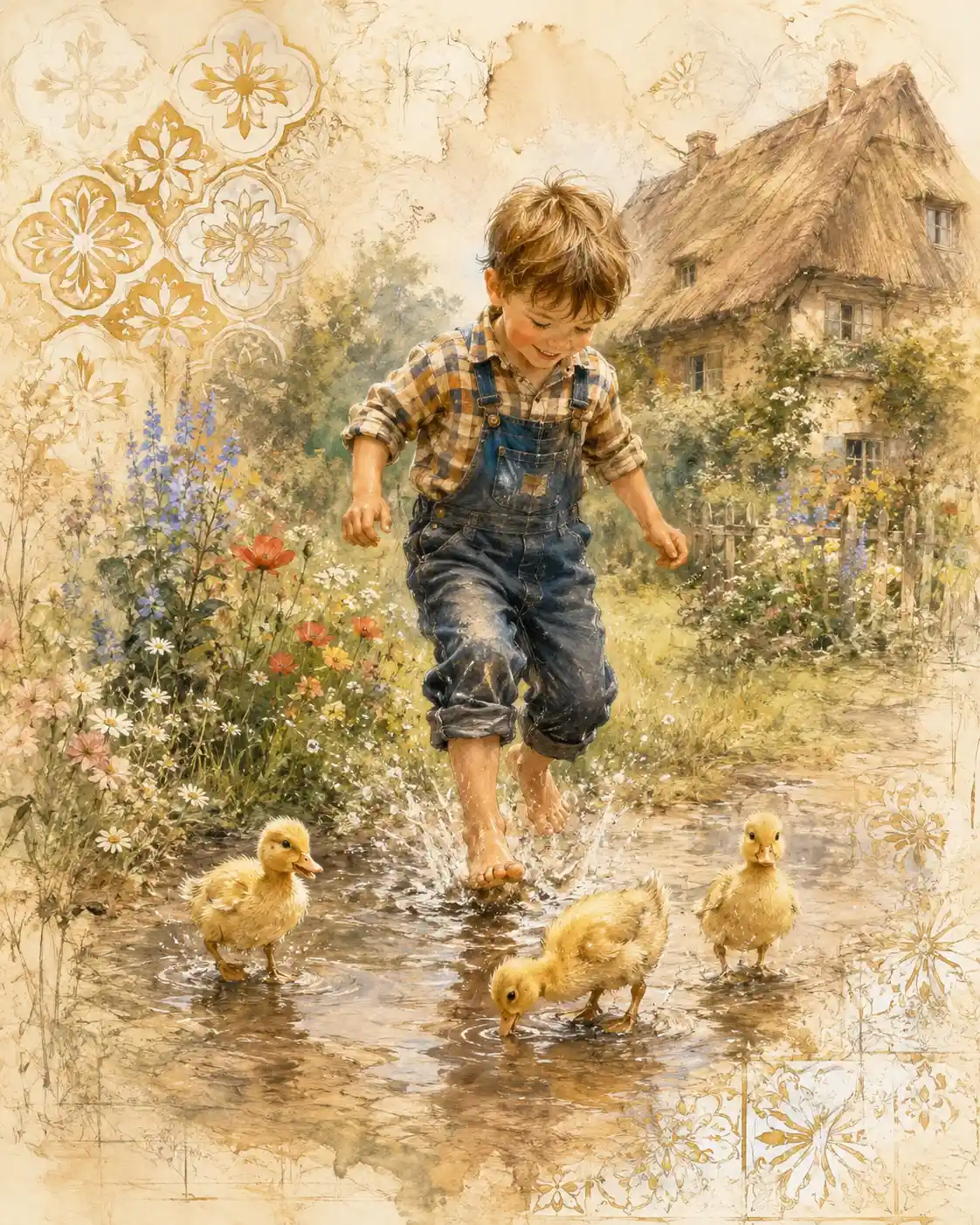 Joyful boy jumping barefoot in a puddle after rain