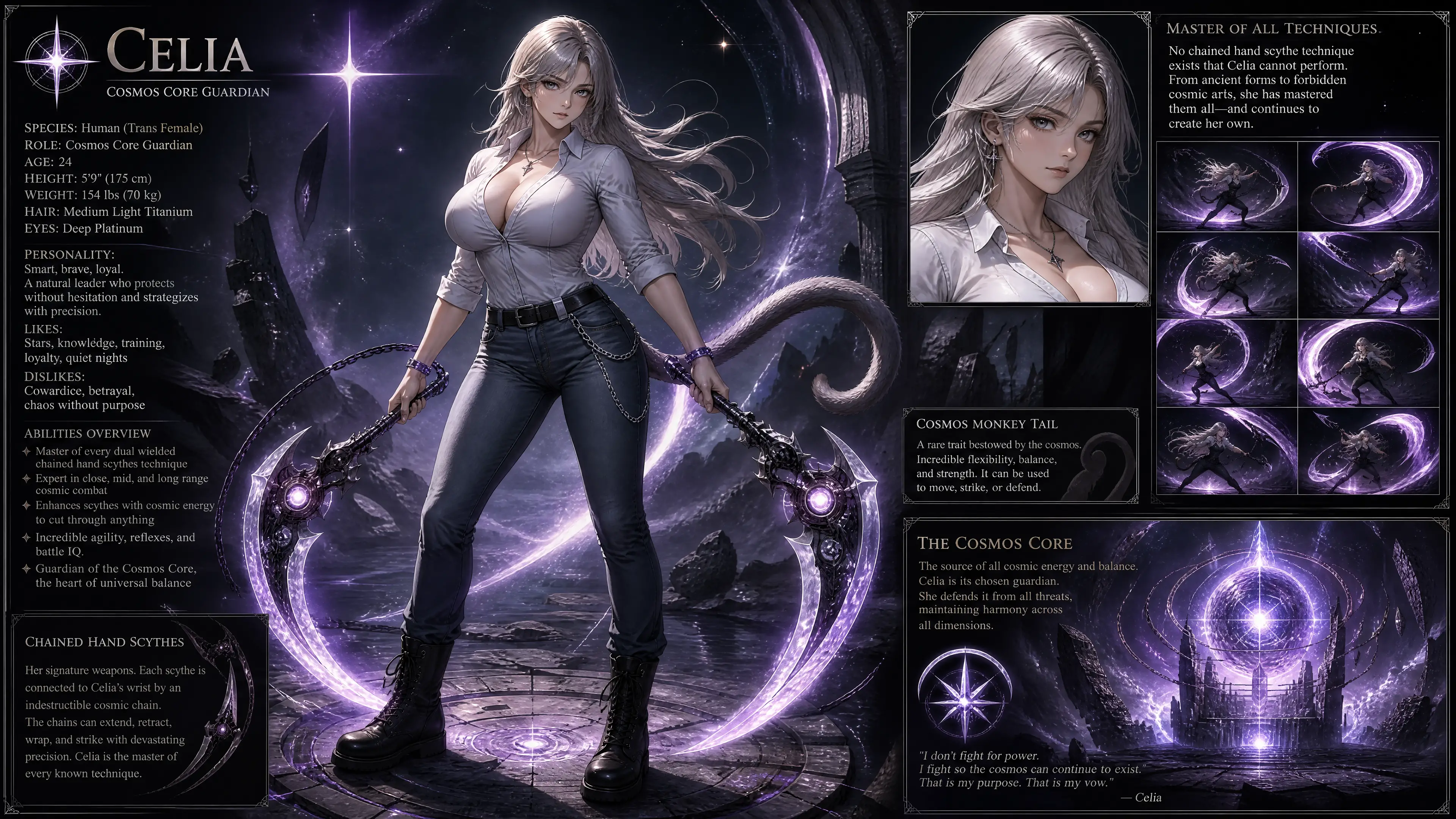Cosmic guardian woman with chained scythes and monkey tail