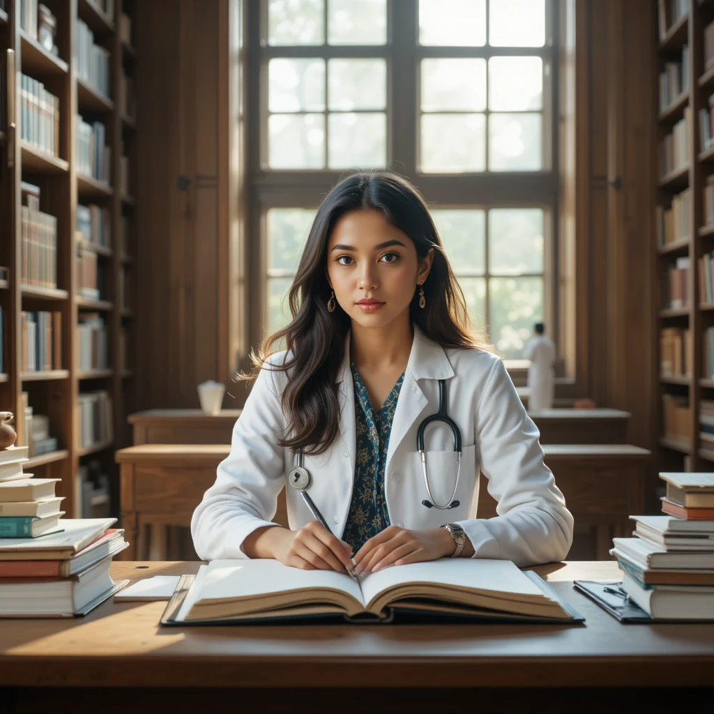 Estudante de medicina mulher estudando em biblioteca universitária iluminada pelo sol