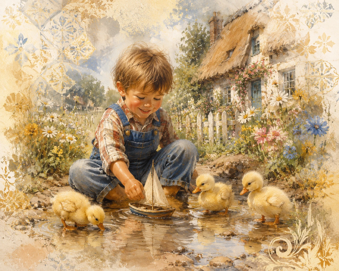 Menino brincando com barco de brinquedo em uma poça