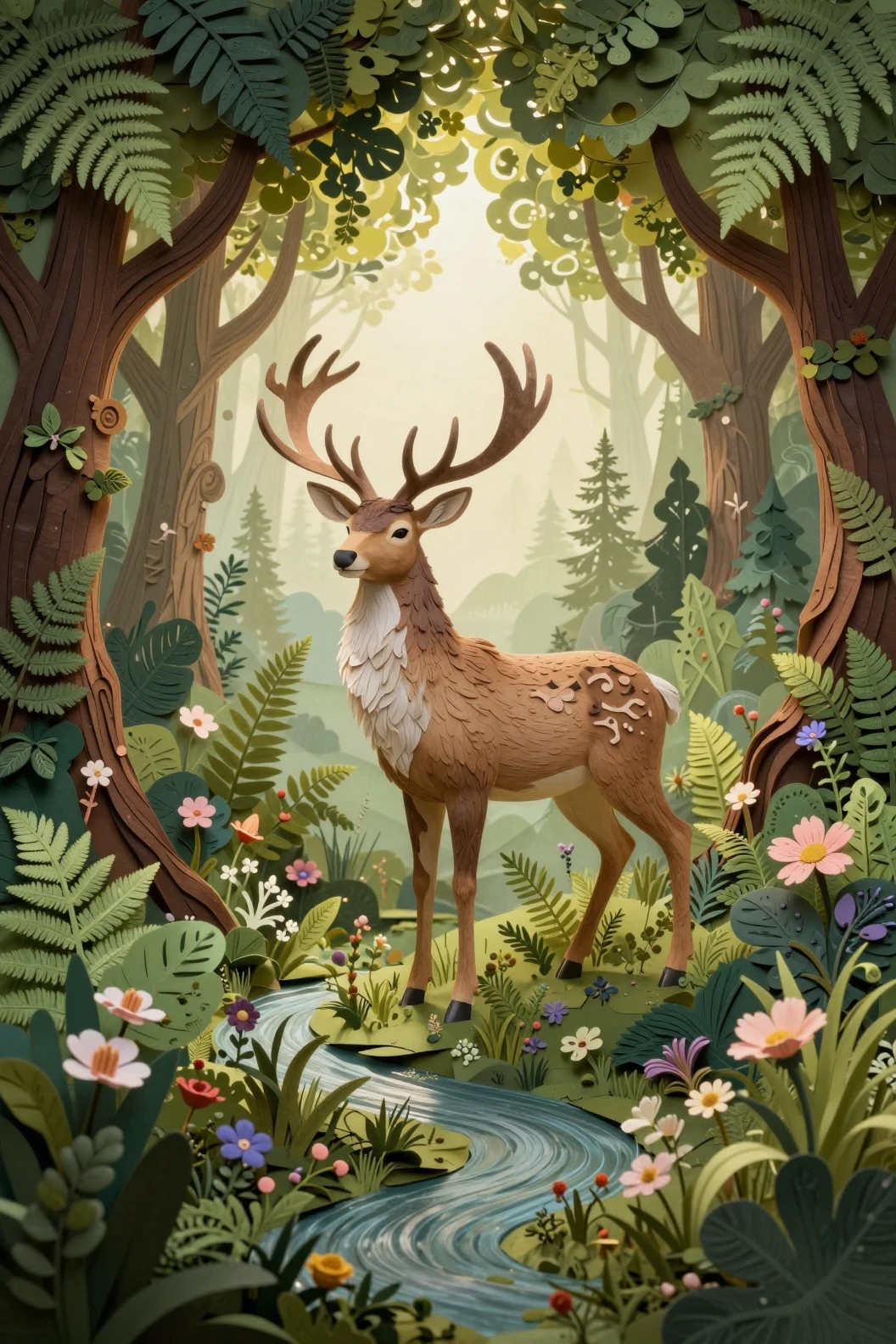 Diorama de Forêt Enchantée avec Cerf Royal et Ruisseau