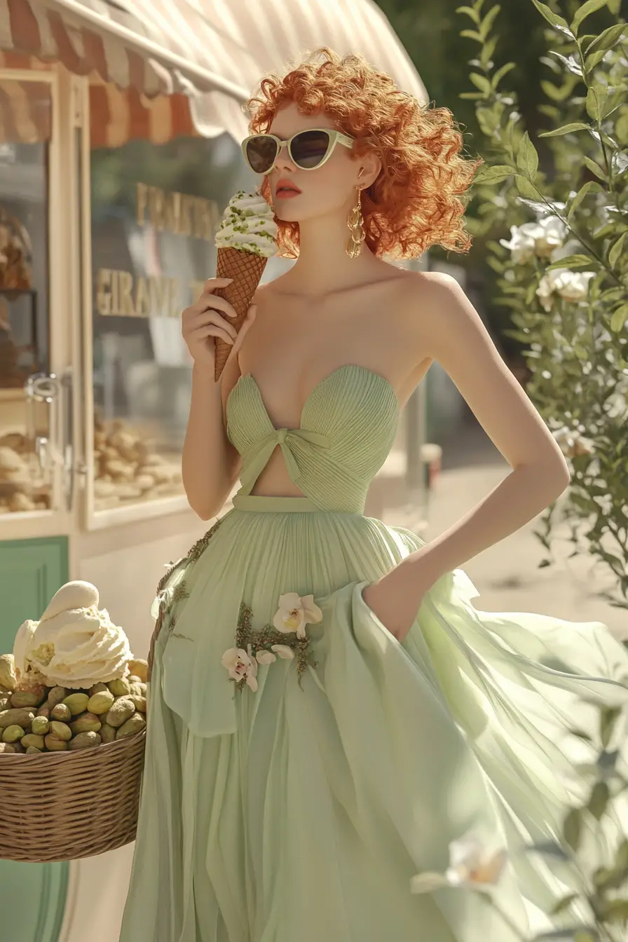 Femme élégante avec glace à la pistache en jupe fluide