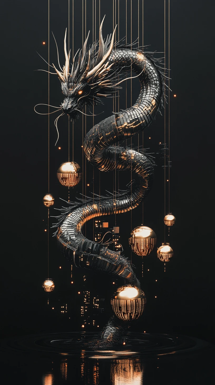 Dragon architectural enroulé parmi des sphères de données dorées et lumineuses