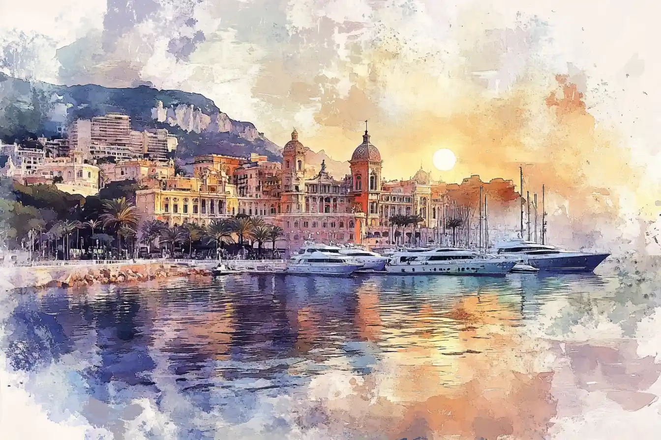 Watercolor view of monaco on the mediterranean coast
