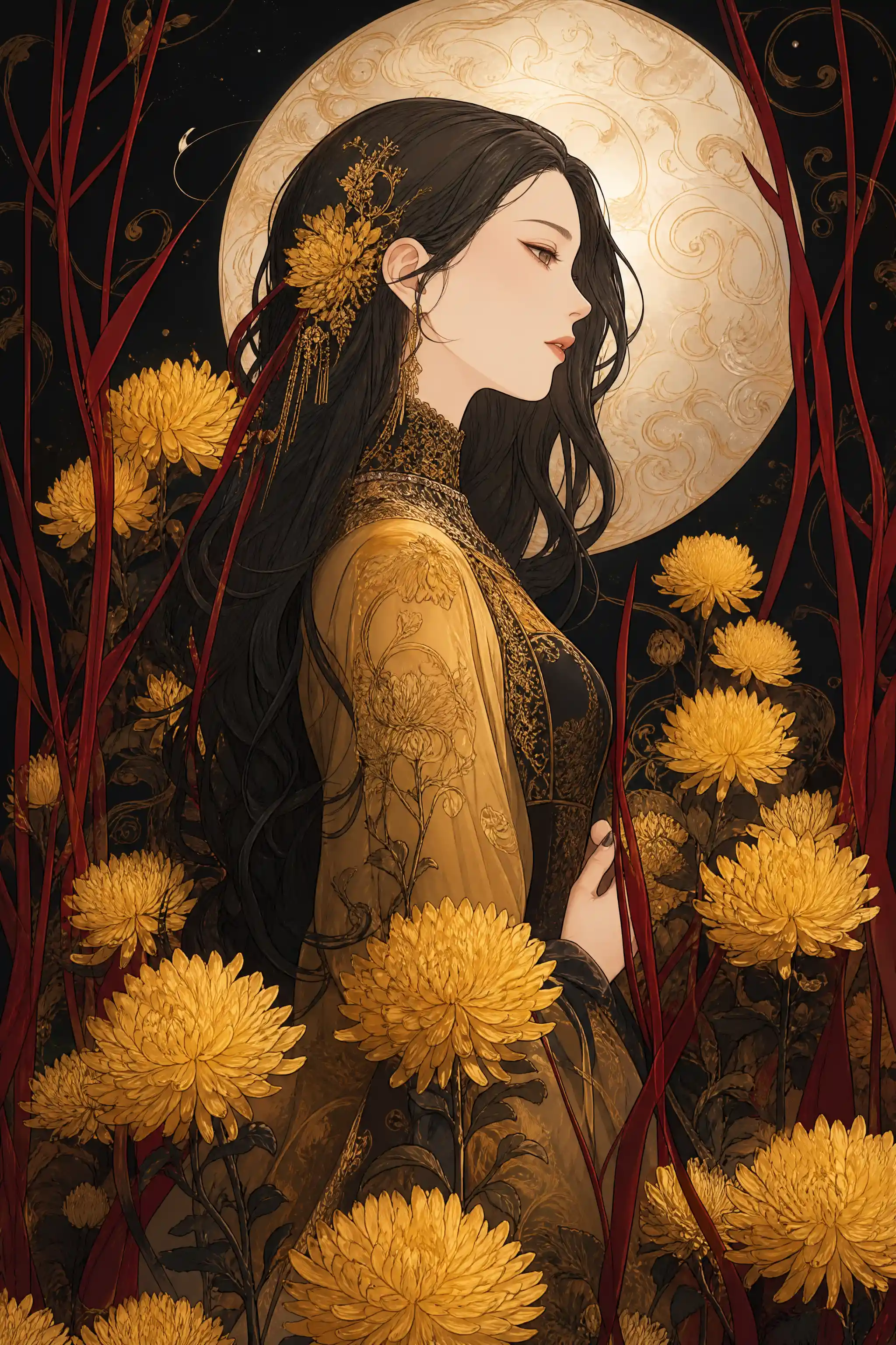 Elegant fantasy woman in profile with ornate costume