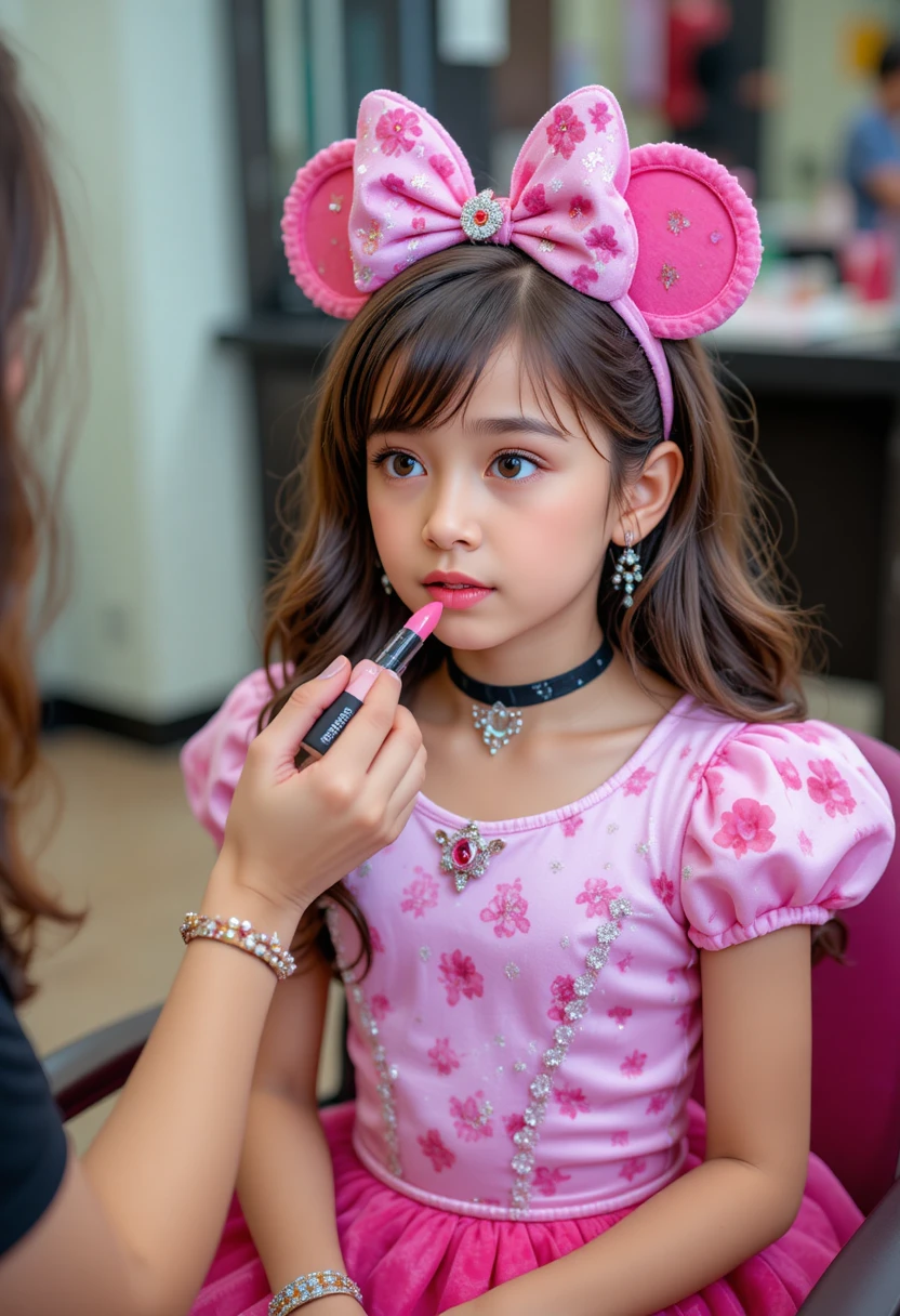 Garoto nervoso em vestido rosa da Minnie recebendo batom