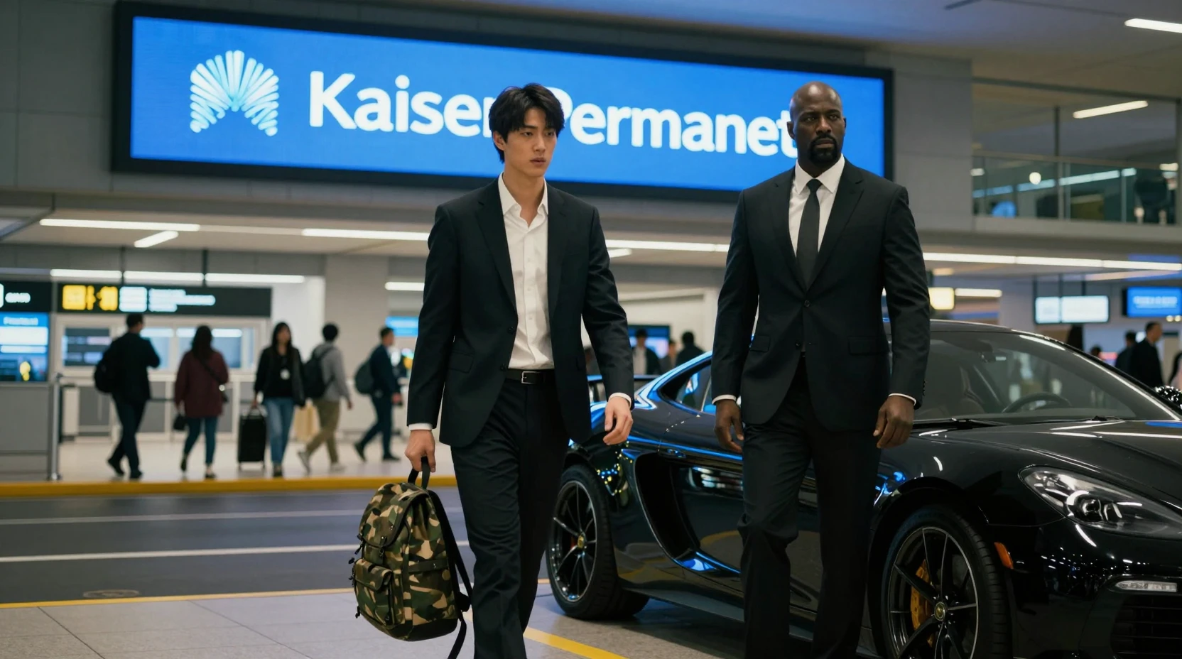 Spannungsgeladenes Treffen vor einem modernen internationalen Flughafen