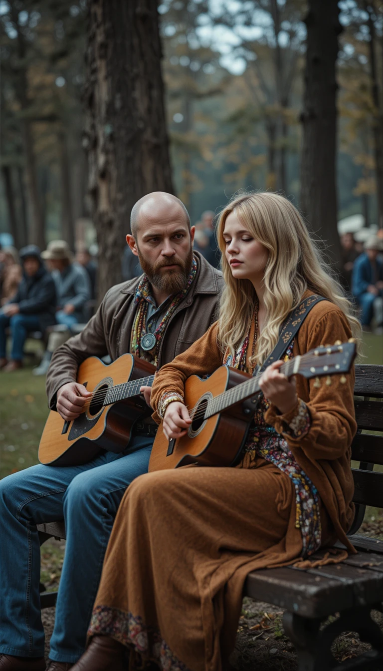 Casal hippie tocando violão em um banco de parque em Woodstock