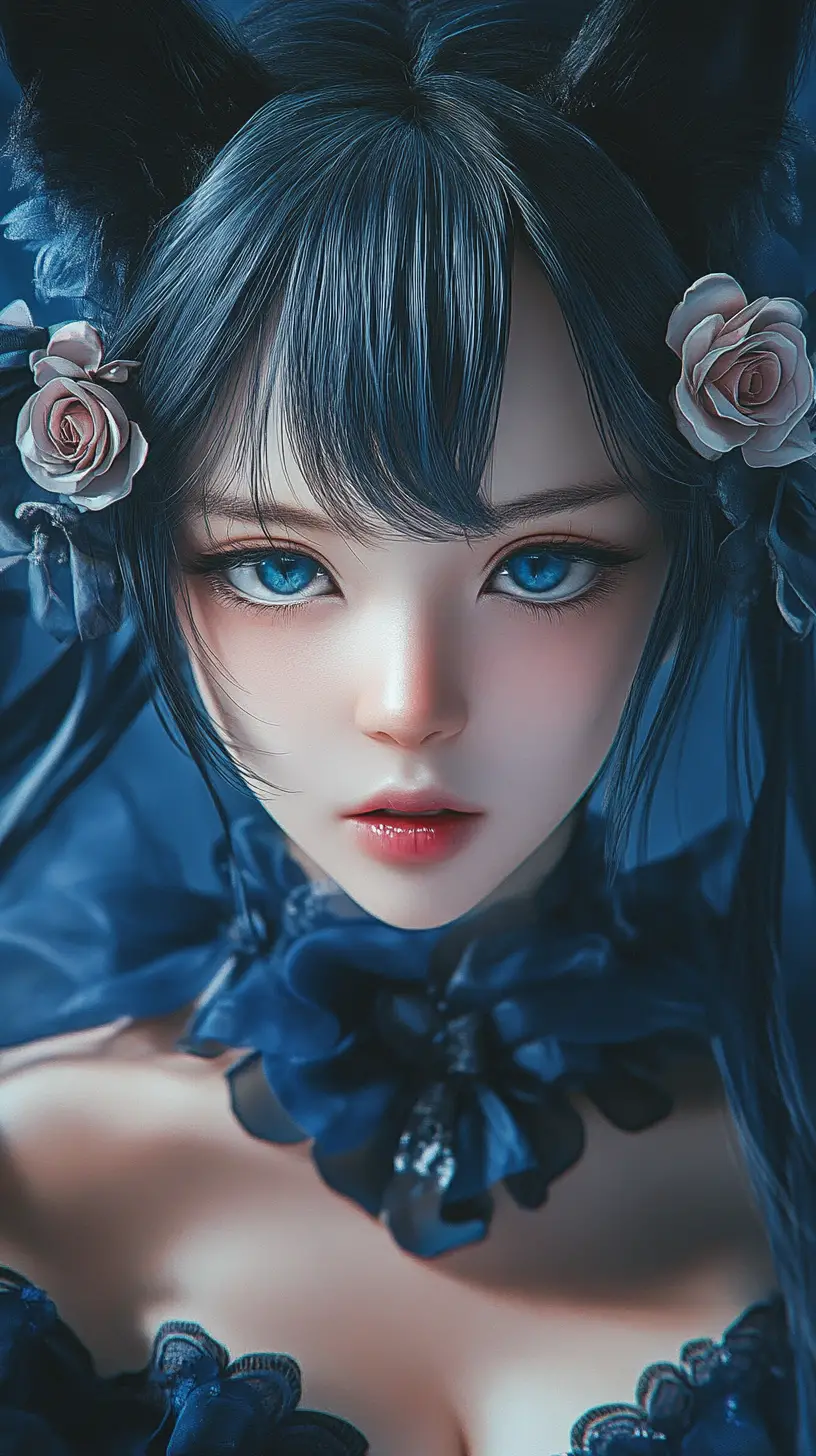 Verspielte Anime-Frau im blauen Vintage-Nachthemd in Nahaufnahme