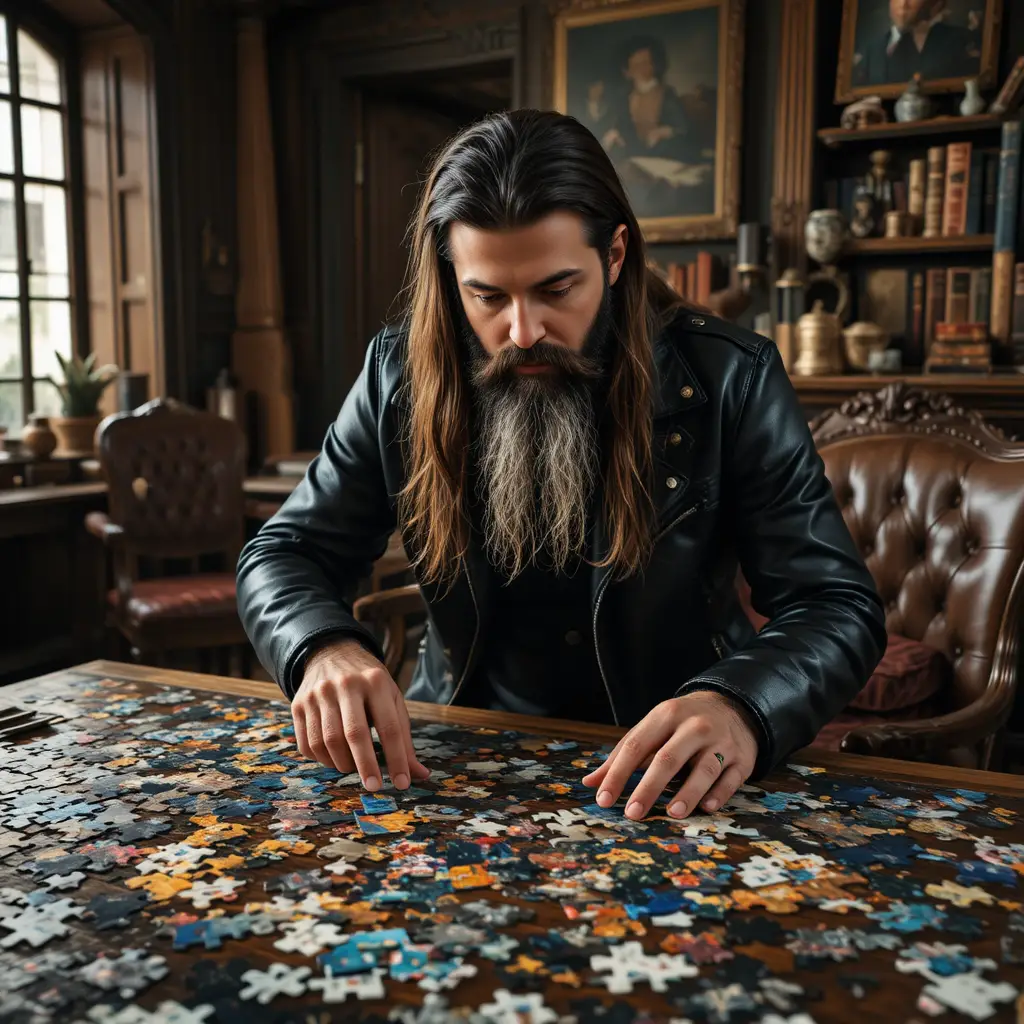 Bärtiger Mann löst ein großes Puzzle in einem Arbeitszimmer