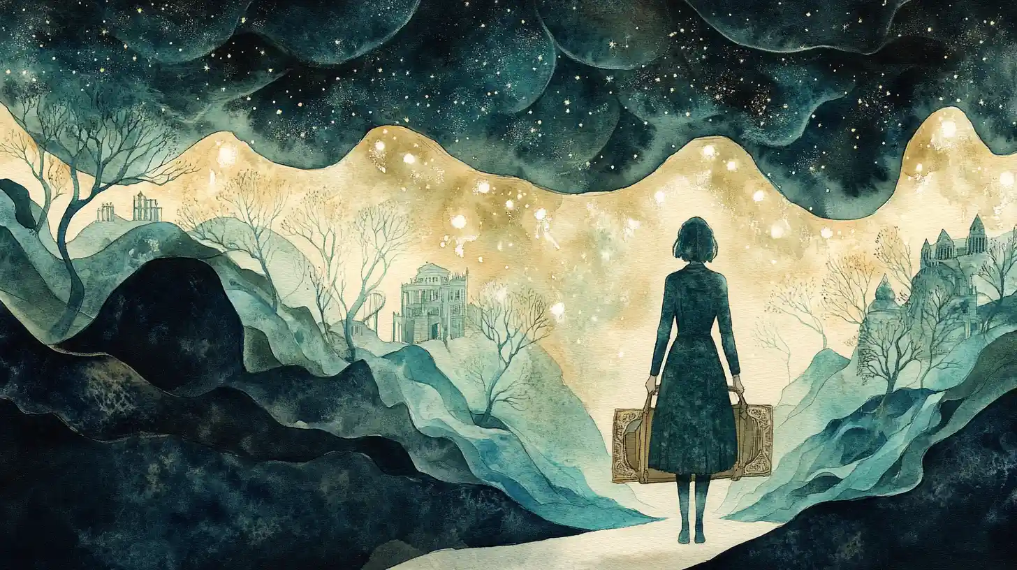 Mystical woman carrying satchel of glowing fantasy seeds