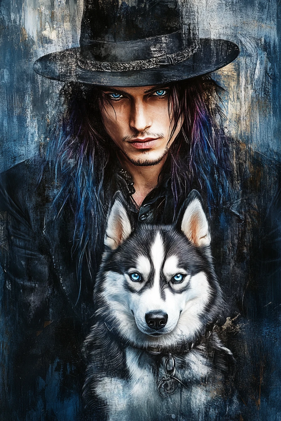Geheimnisvoller Mann mit Husky-Welpe in digitalem Gothic-Porträt