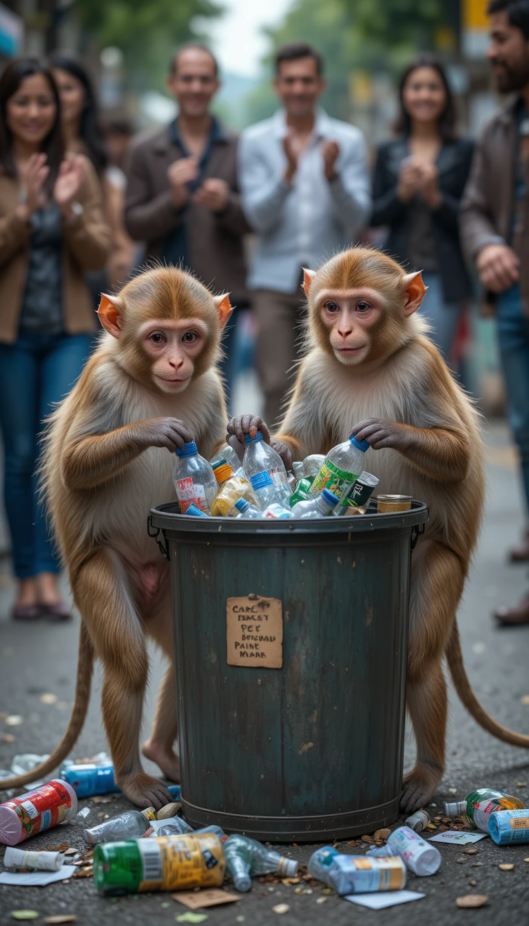 Dois macacos limpando lixo em uma rua movimentada da cidade