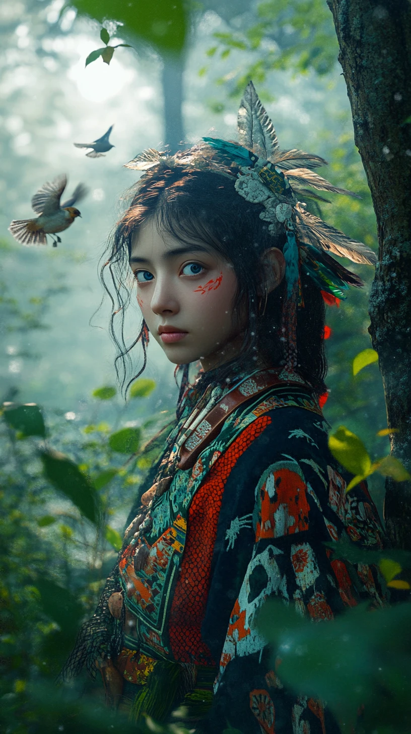 霧霭森林中的傳統服飾年輕阿伊努女子