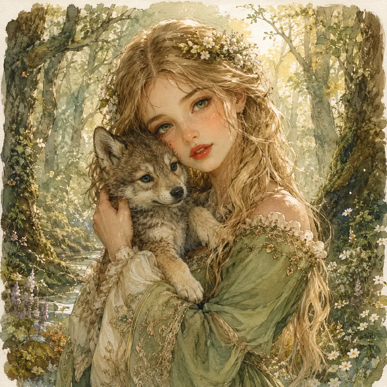 Dreamy girl with wolf cub in an enchanted forest