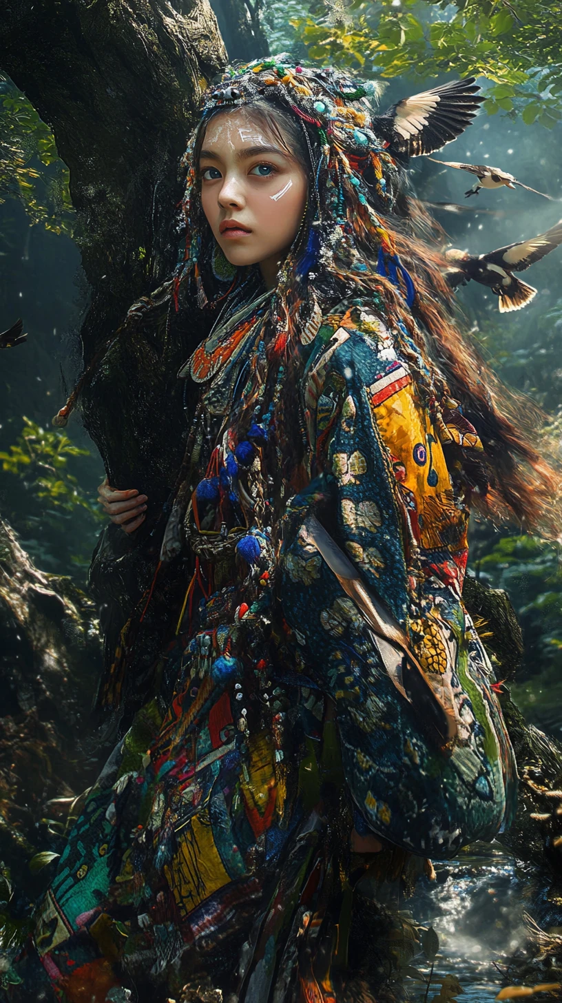 Jovem mulher Ainu em traje tradicional em floresta enevoada