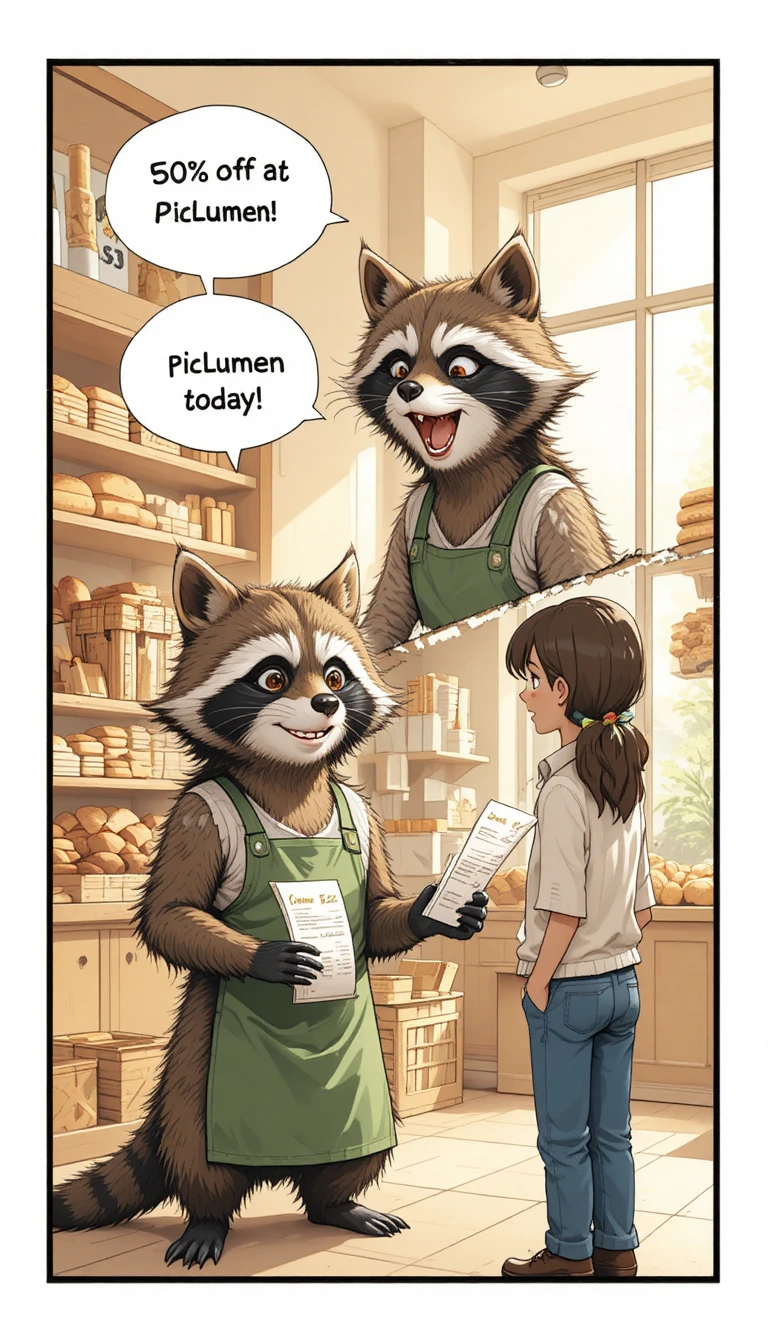 Guaxinim padeiro brincalhão vendendo pão em uma padaria em estilo HQ