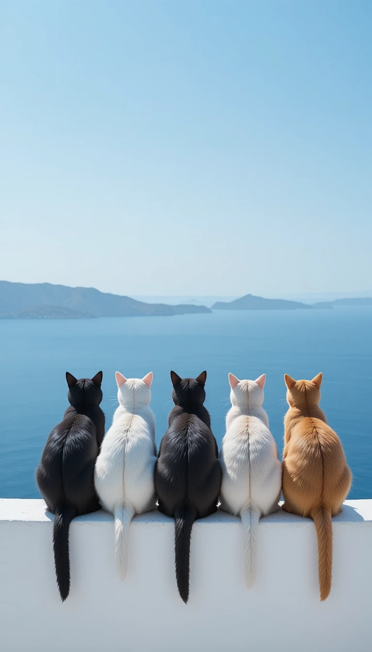 Cinco gatos sentados em um parapeito branco de frente para o oceano