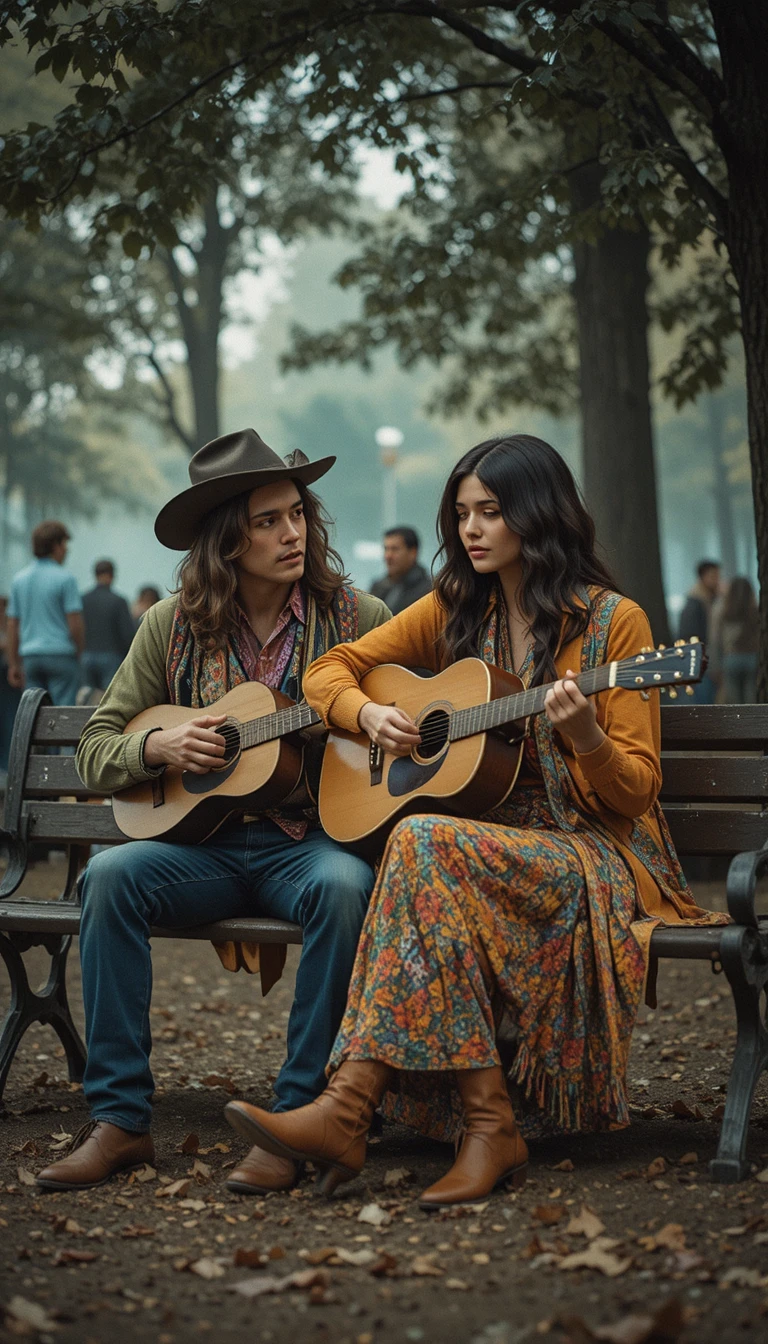 Casal hippie em um banco de parque em um festival dos anos 1970