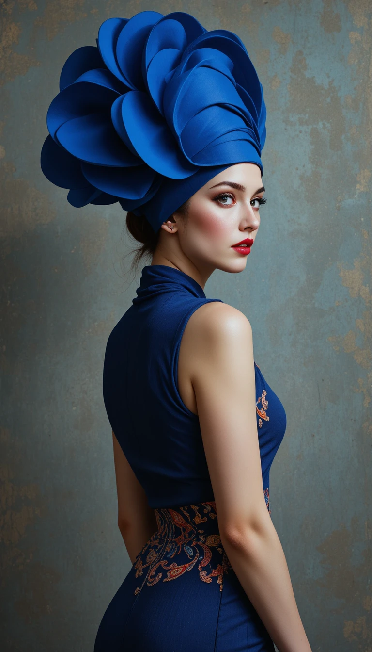Ritratto di donna con cappello blu scultoreo e cintura paisley
