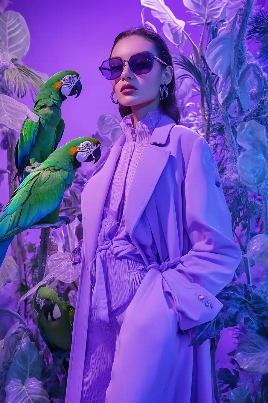 Surreal fashion portrait of a woman with parrots