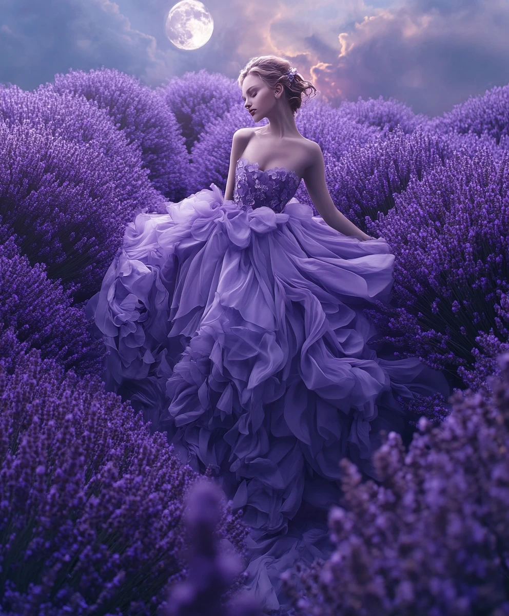 Mulher etérea em vestido lavanda sob lua cheia brilhante