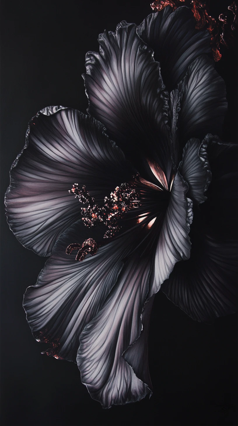 Gigantesque fleur noire éclosant sous une sombre éclipse solaire