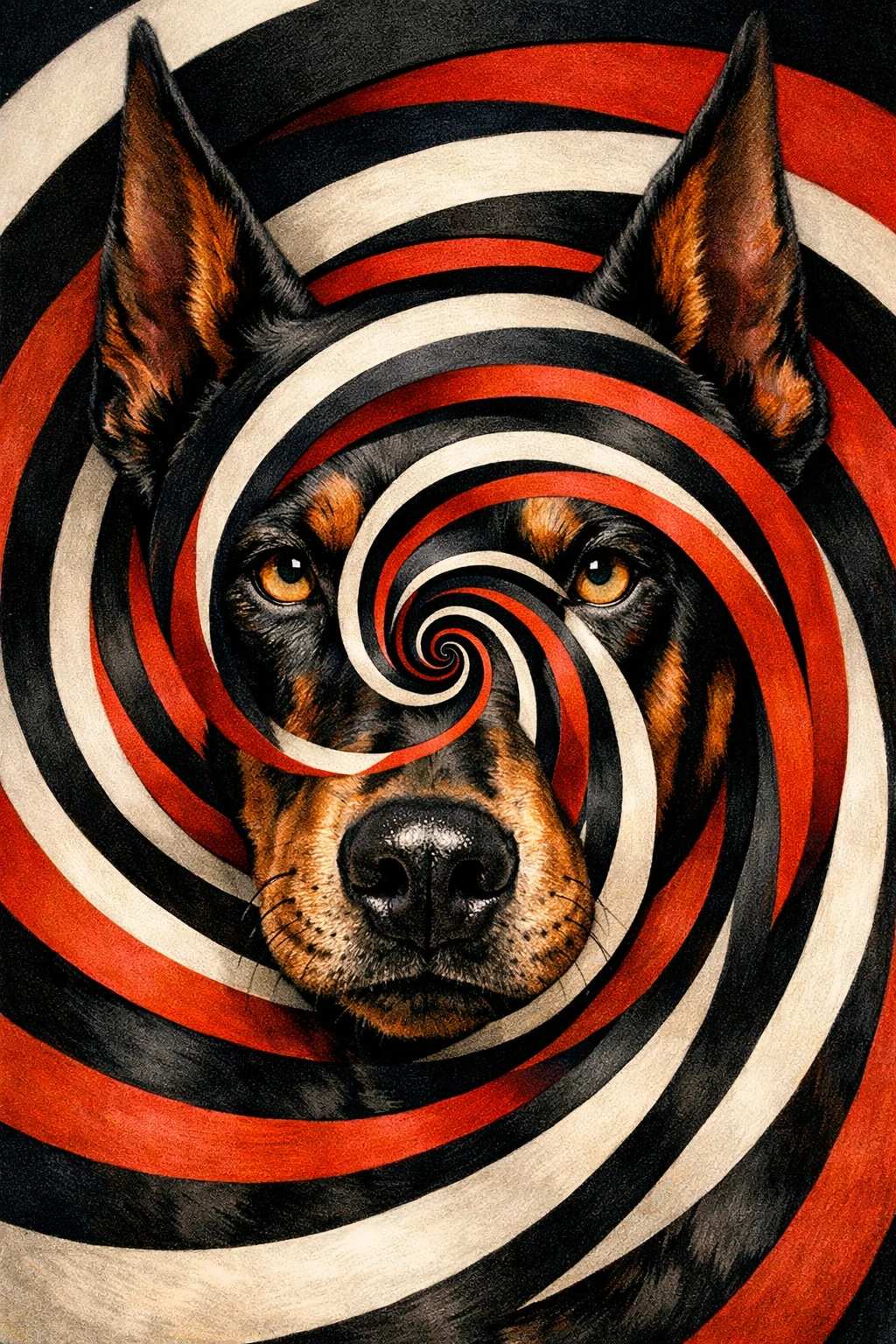 Close-up surreal de rosto de Doberman com padrão em espiral