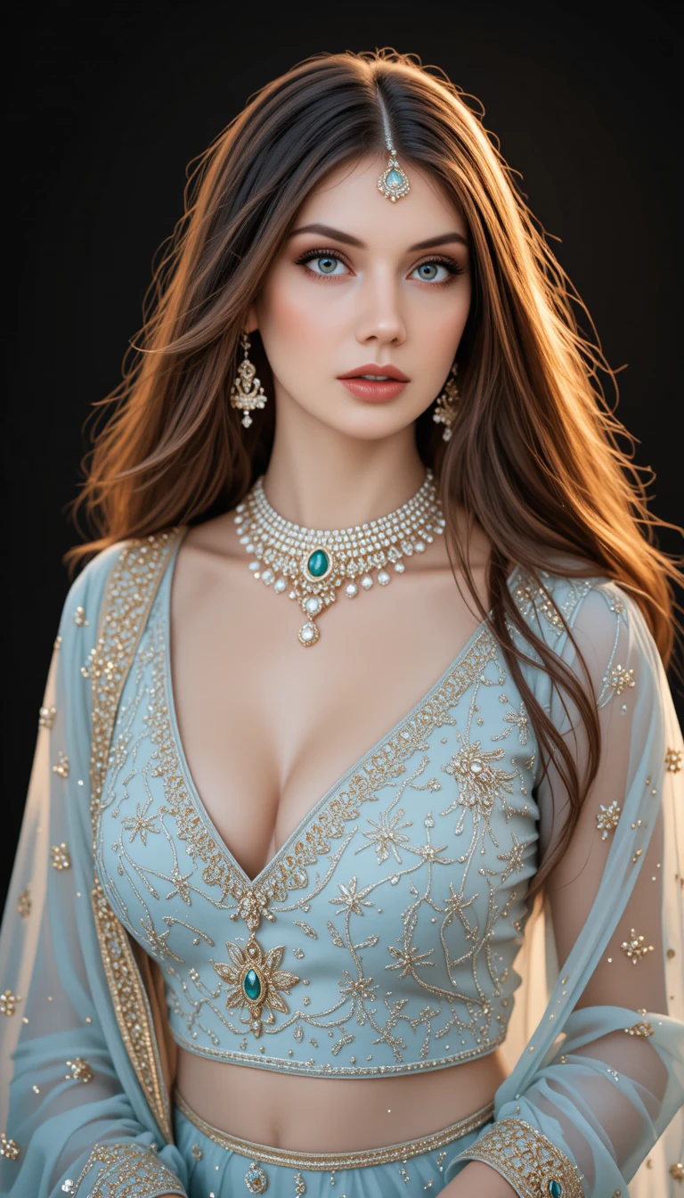 Portrait d’une élégante femme sud-asiatique en lehenga bleu poudré